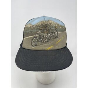 Vtg JJ Trucker Hat Mesh Back Motorcycles Mountains‎ Padded Cap Hat, Dated 1984